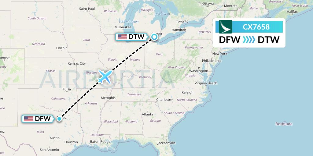 CX7658 Cathay Pacific Flight Map: Dallas to Detroit