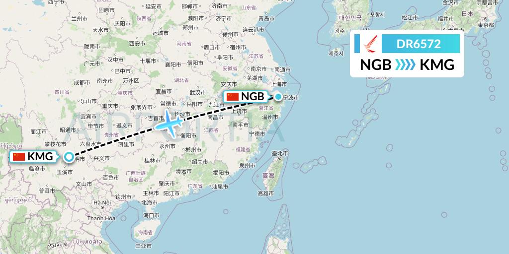 DR6572 Ruili Airlines Flight Map: Ningbo to Kunming
