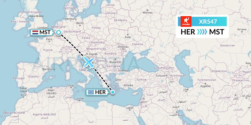 XR547 Corendon Airlines Europe Flight Map: Heraklion to Maastricht