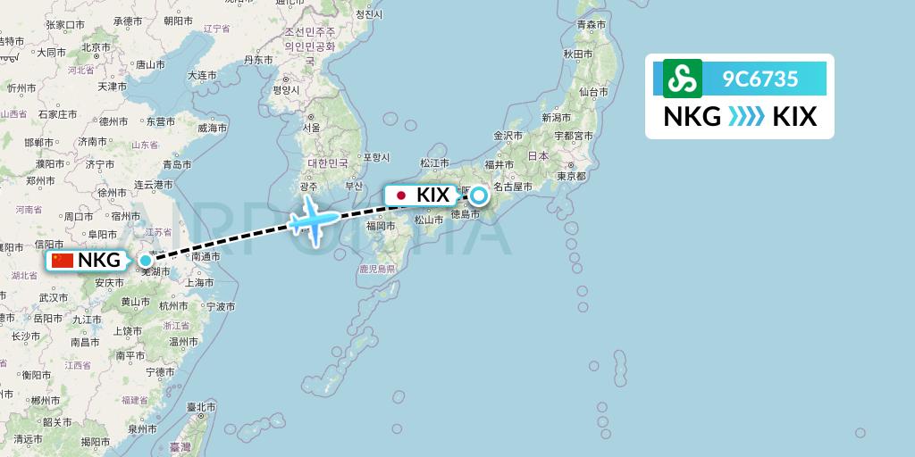 9C6735 Spring Airlines Flight Map: Nanjing to Osaka
