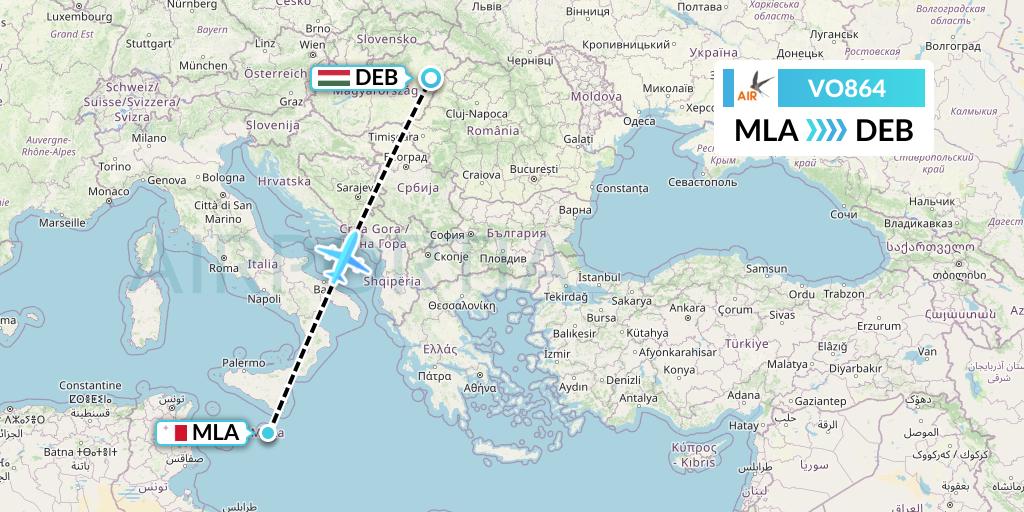 VO864 Voyage Air Flight Map: Malta to Debrecen