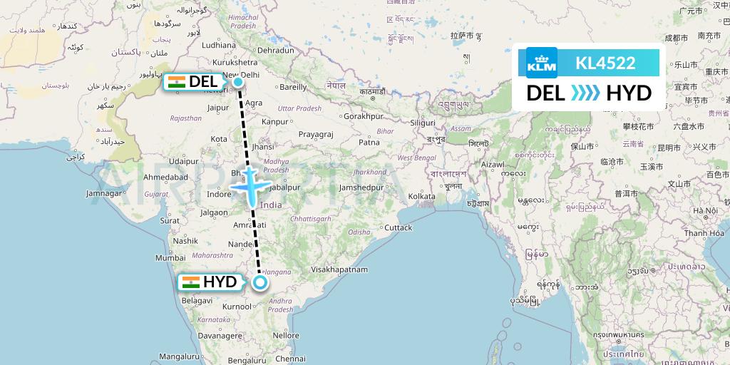KL4522 KLM Flight Map: Delhi to Hyderabad