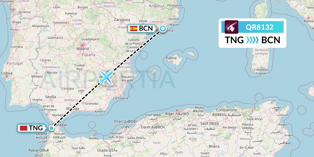 QR8132 Qatar Airways Flight Map: Tangier to Barcelona