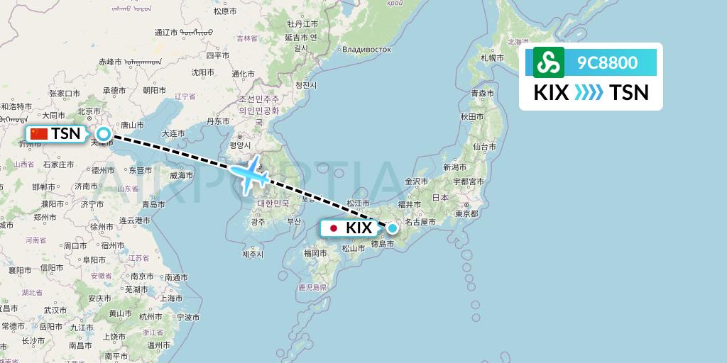 9C8800 Spring Airlines Flight Map: Osaka to Tianjin