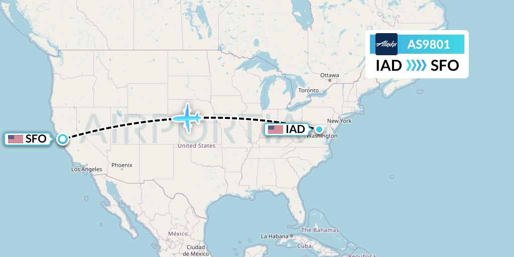 AS9801 Alaska Airlines Flight Map: Washington to San Francisco