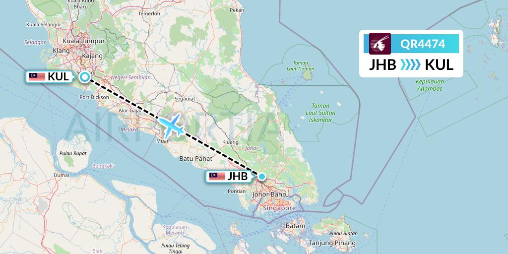 QR4474 Qatar Airways Flight Map: Johor Bahru to Kuala Lumpur