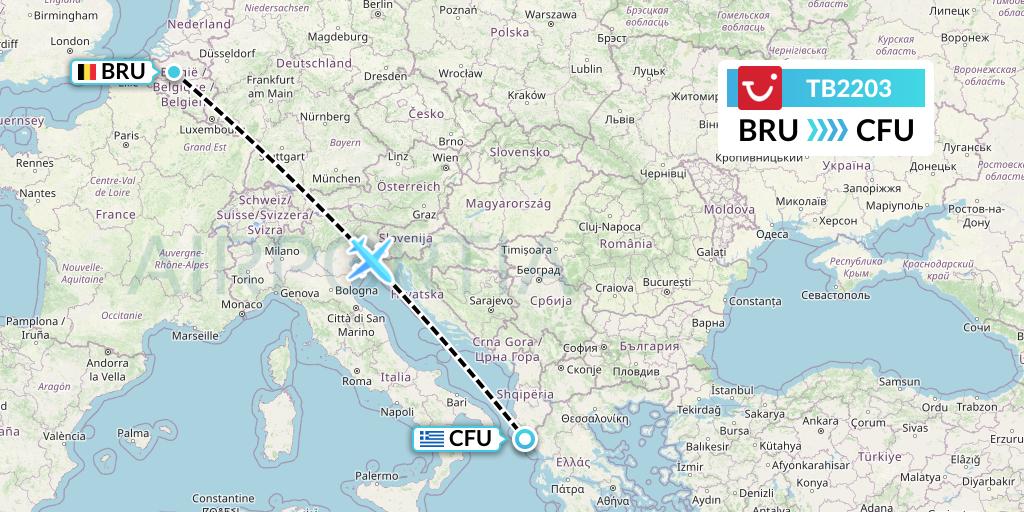 TB2203 TUI fly Belgium Flight Map: Brussels to Corfu