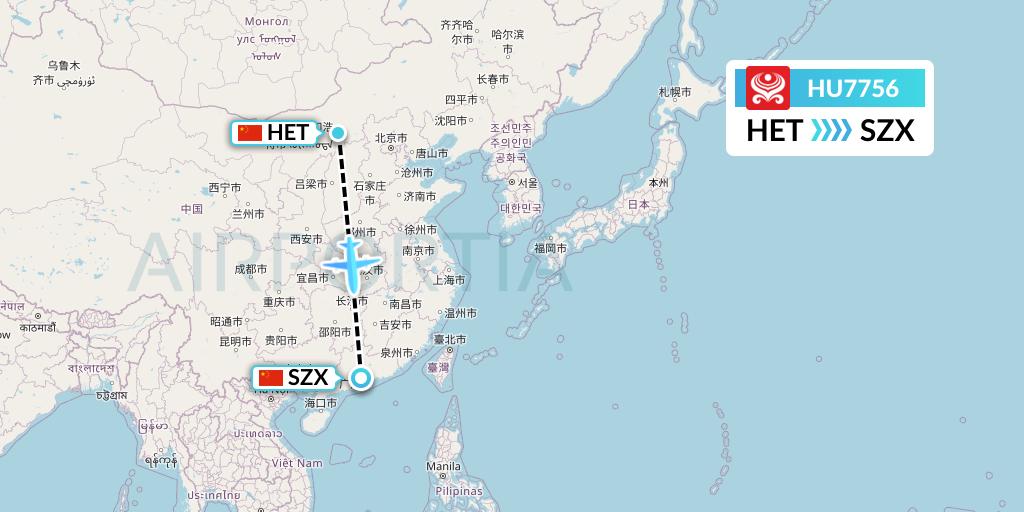 HU7756 Hainan Airlines Flight Map: Hohhot to Shenzhen