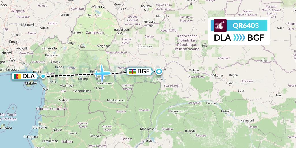 QR6403 Qatar Airways Flight Map: Douala to Bangui