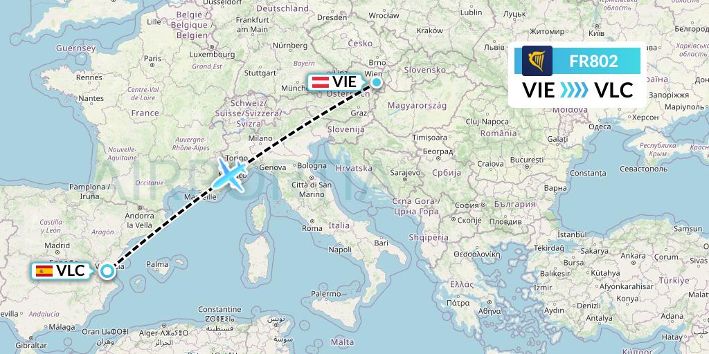 FR802 Ryanair Flight Map: Vienna to Valencia