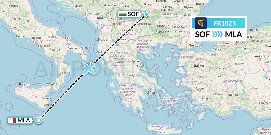 FR1025 Ryanair Flight Map: Sofia to Malta