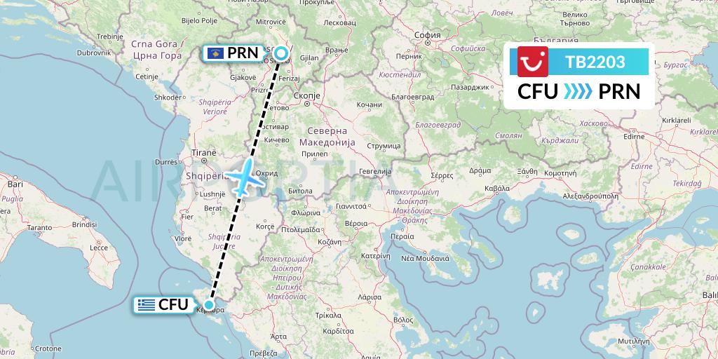 TB2203 TUI fly Belgium Flight Map: Corfu to Pristina