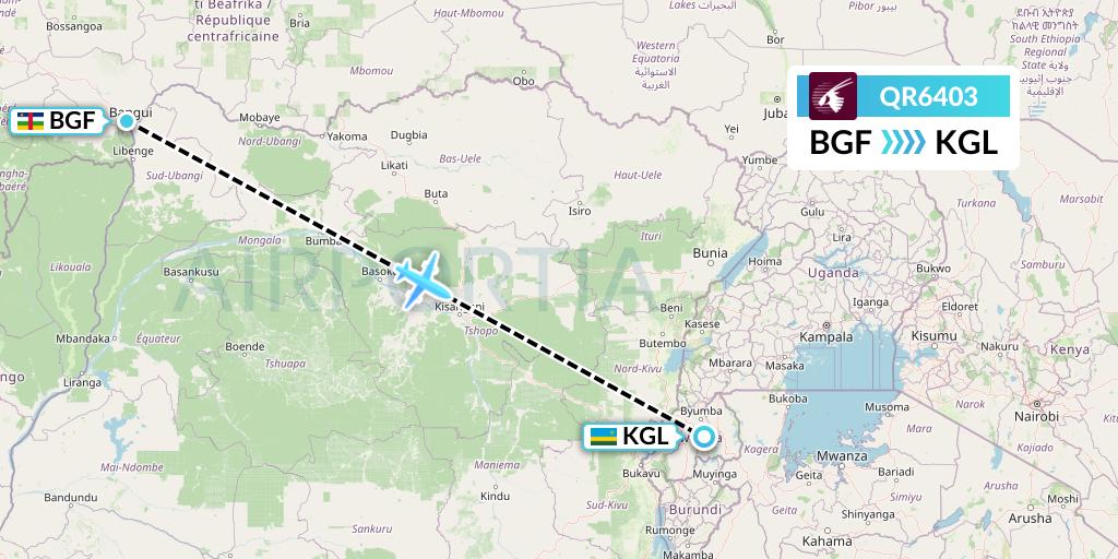 QR6403 Qatar Airways Flight Map: Bangui to Kigali