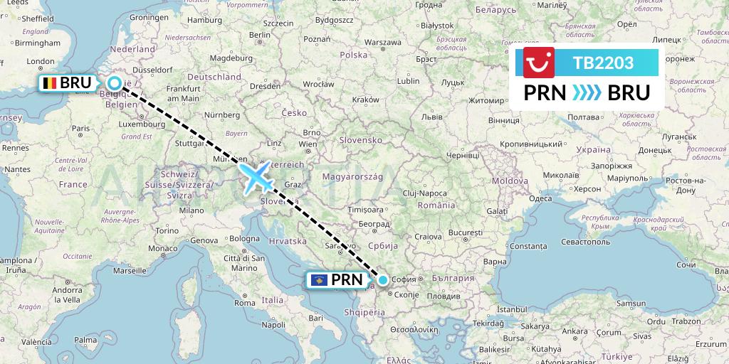TB2203 TUI fly Belgium Flight Map: Pristina to Brussels