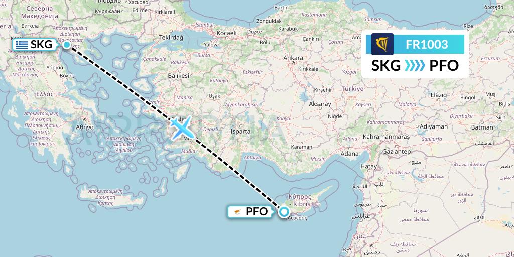 FR1003 Ryanair Flight Map: Thessaloniki to Pafos