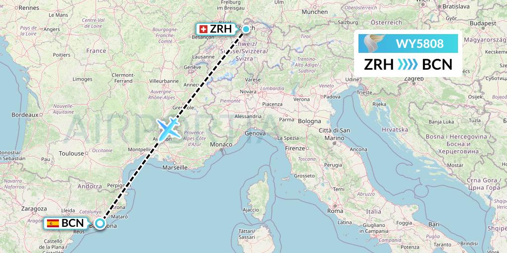 WY5808 Oman Air Flight Map: Zurich to Barcelona