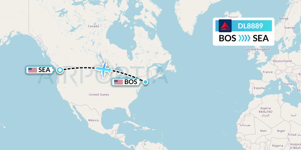 DL8889 Delta Air Lines Flight Map: Boston to Seattle
