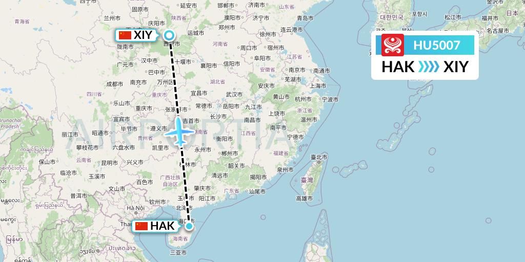 HU5007 Hainan Airlines Flight Map: Haikou to Xi'an