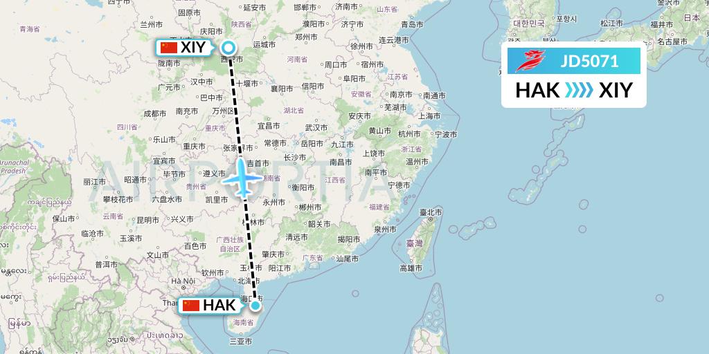 JD5071 Capital Airlines Flight Map: Haikou to Xi'an