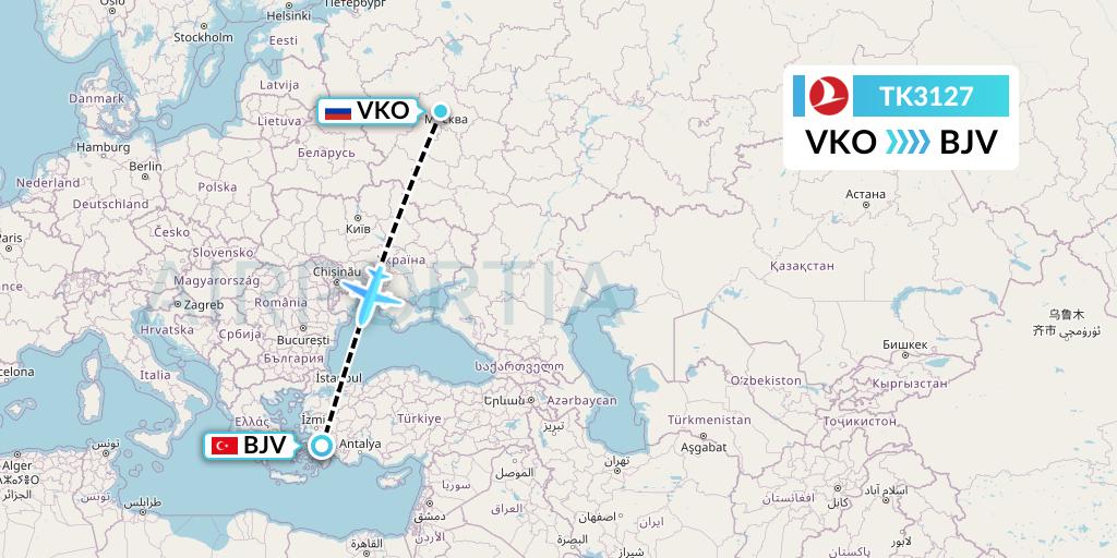 TK3127 Turkish Airlines Flight Map: Moscow to Bodrum