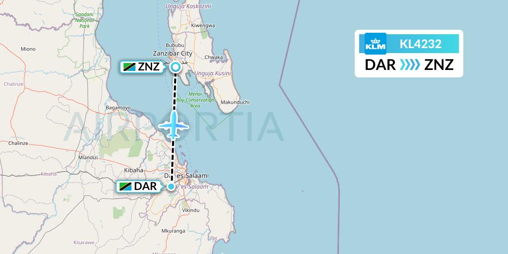 KL4232 KLM Flight Map: Dar-es-Salaam to Zanzibar