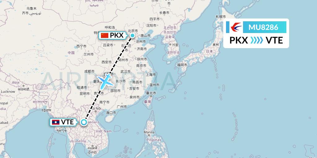 MU8286 China Eastern Airlines Flight Map: Beijing to Vientiane
