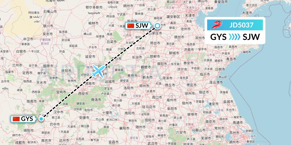 JD5037 Capital Airlines Flight Map: Guangyuan to Shijiazhuang