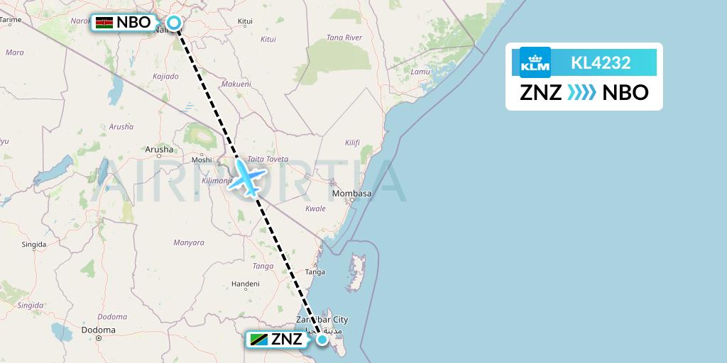 KL4232 KLM Flight Map: Zanzibar to Nairobi