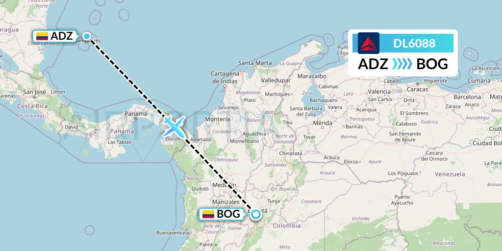 DL6088 Delta Air Lines Flight Map: San Andres Island to Bogota