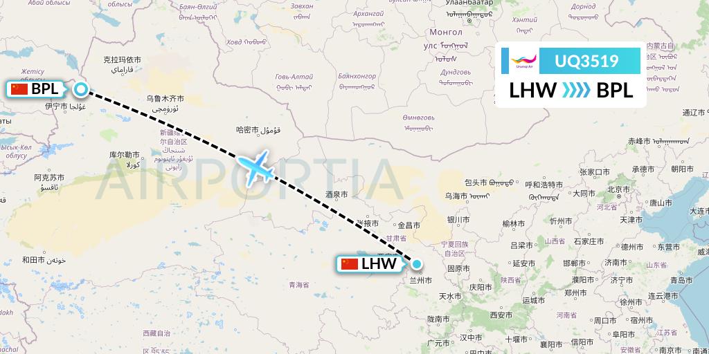 UQ3519 Urumqi Airlines Flight Map: Lanzhou to Bole