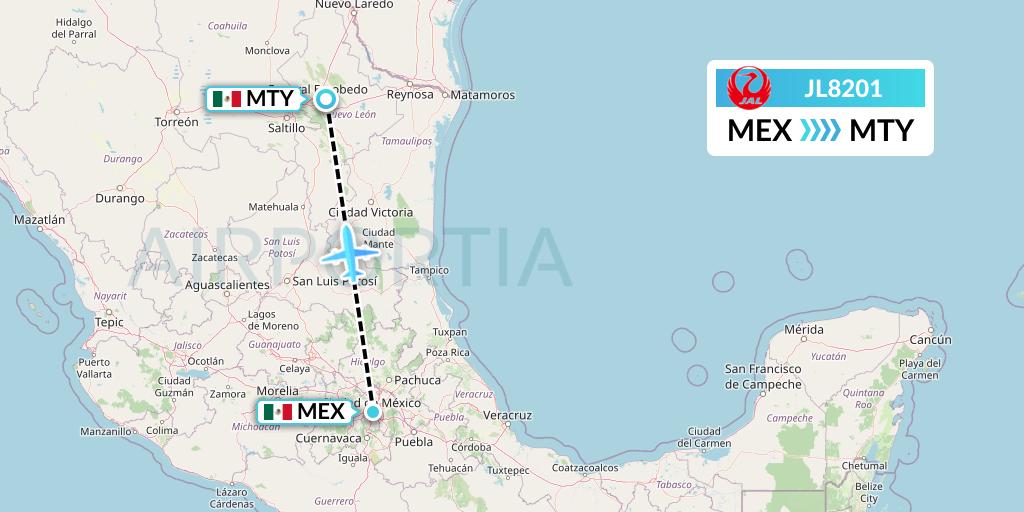 JL8201 Japan Airlines Flight Map: Mexico City to Monterrey