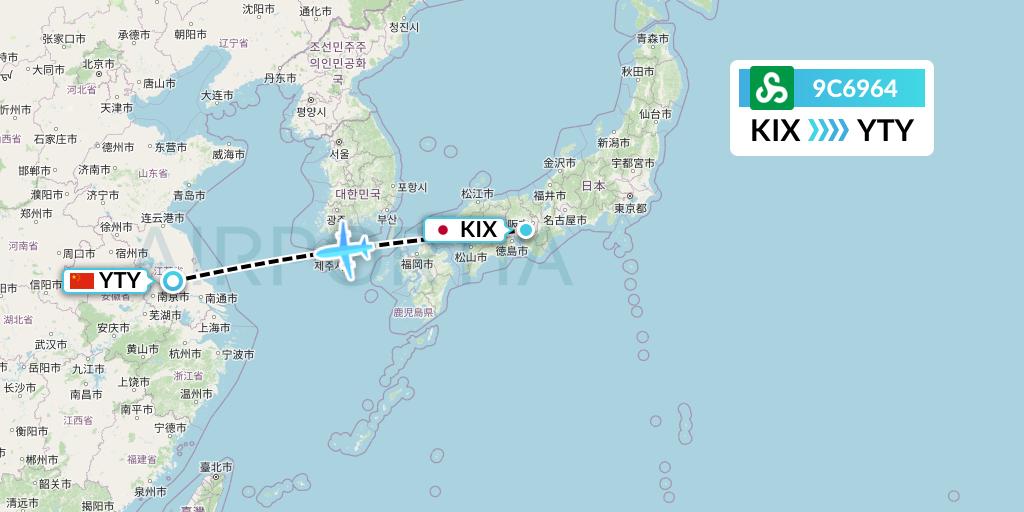 9C6964 Spring Airlines Flight Map: Osaka to Yangzhou