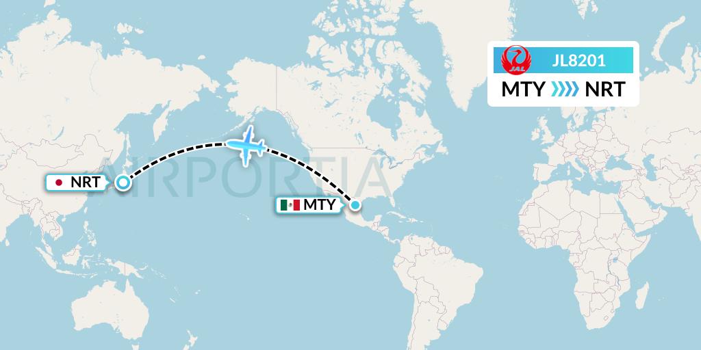 JL8201 Japan Airlines Flight Map: Monterrey to Tokyo