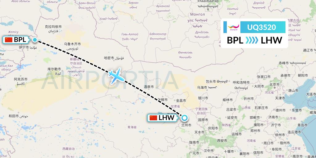 UQ3520 Urumqi Airlines Flight Map: Bole to Lanzhou