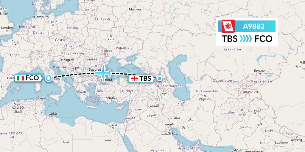 A9883 Georgian Airways Flight Map: Tbilisi to Rome
