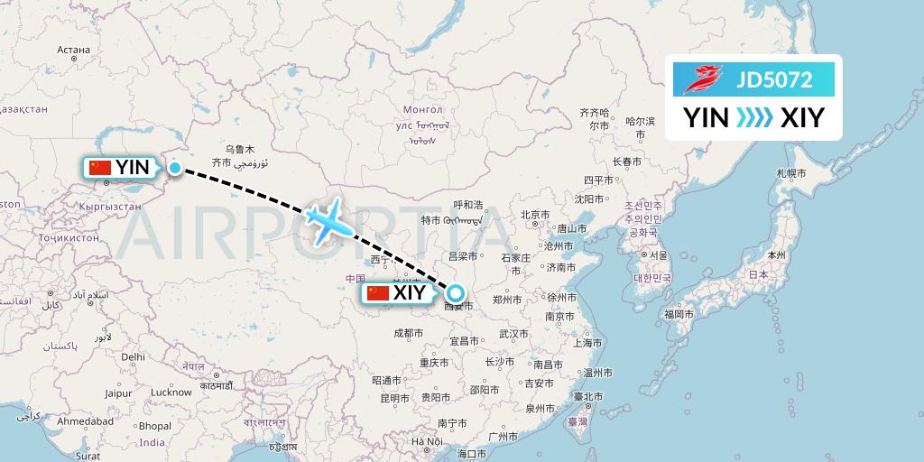 JD5072 Capital Airlines Flight Map: Yining to Xi'an