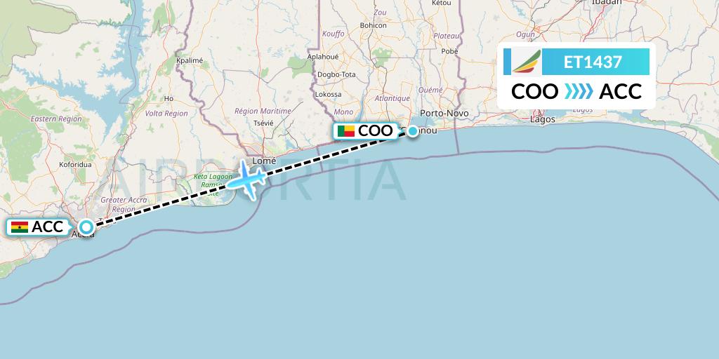 ET1437 Ethiopian Airlines Flight Map: Cotonou to Accra
