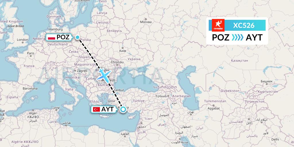 XC526 Corendon Airlines Flight Map: Poznan to Antalya