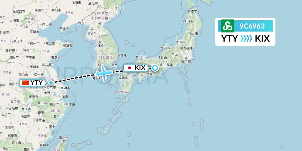9C6963 Spring Airlines Flight Map: Yangzhou to Osaka