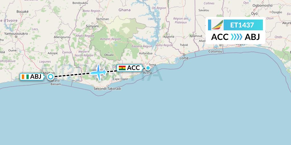 ET1437 Ethiopian Airlines Flight Map: Accra to Abidjan