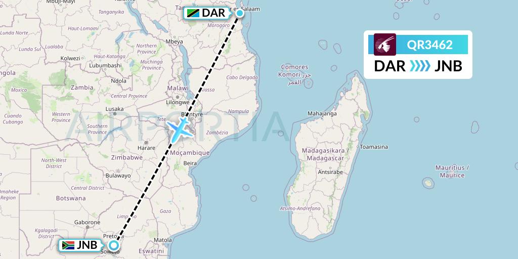QR3462 Qatar Airways Flight Map: Dar-es-Salaam to Johannesburg