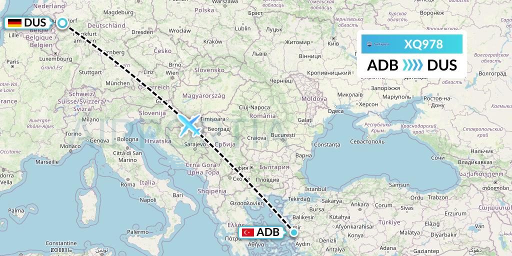 XQ978 SunExpress Flight Map: Izmir to Dusseldorf
