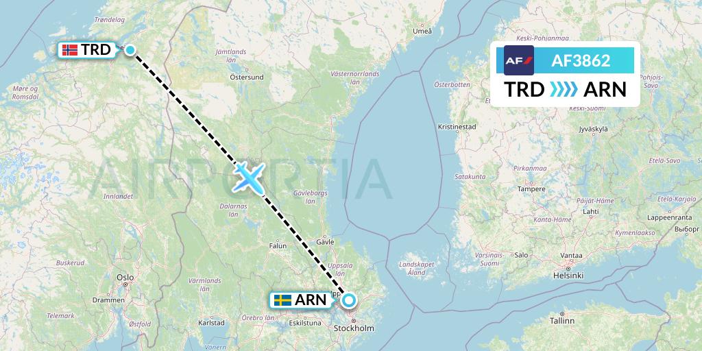 AF3862 Air France Flight Map: Trondheim to Stockholm