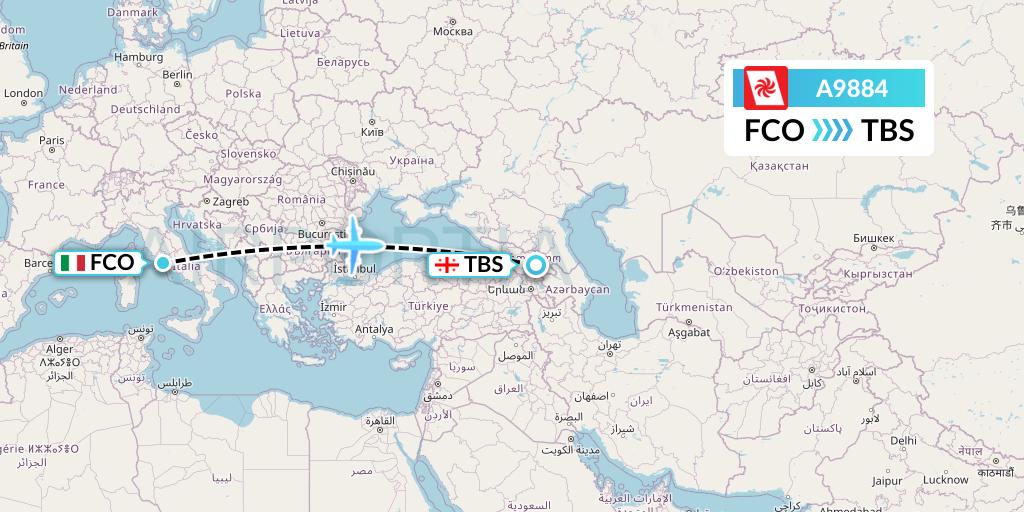 A9884 Georgian Airways Flight Map: Rome to Tbilisi