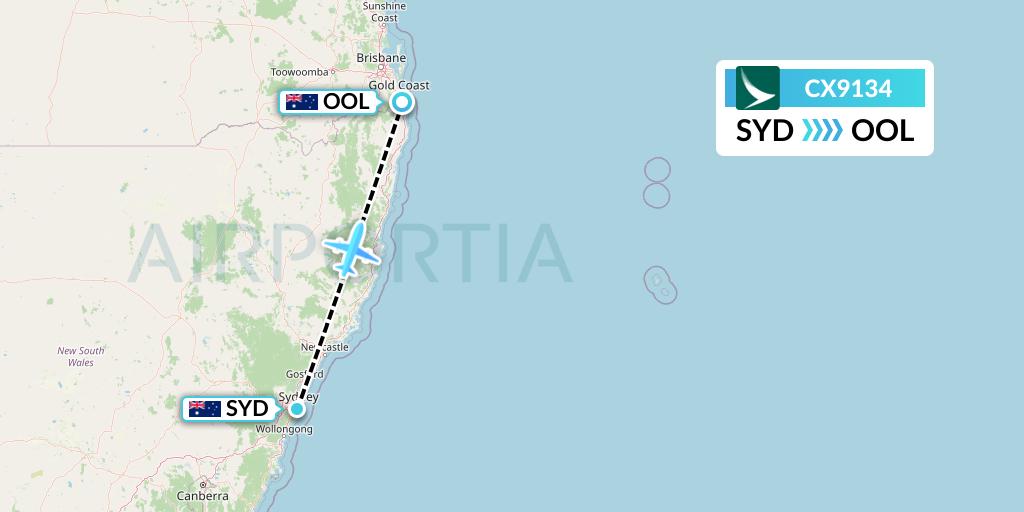 CX9134 Cathay Pacific Flight Map: Sydney to Gold Coast