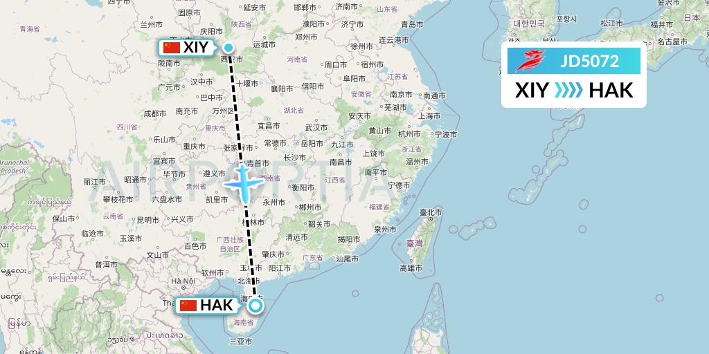 JD5072 Capital Airlines Flight Map: Xi'an to Haikou