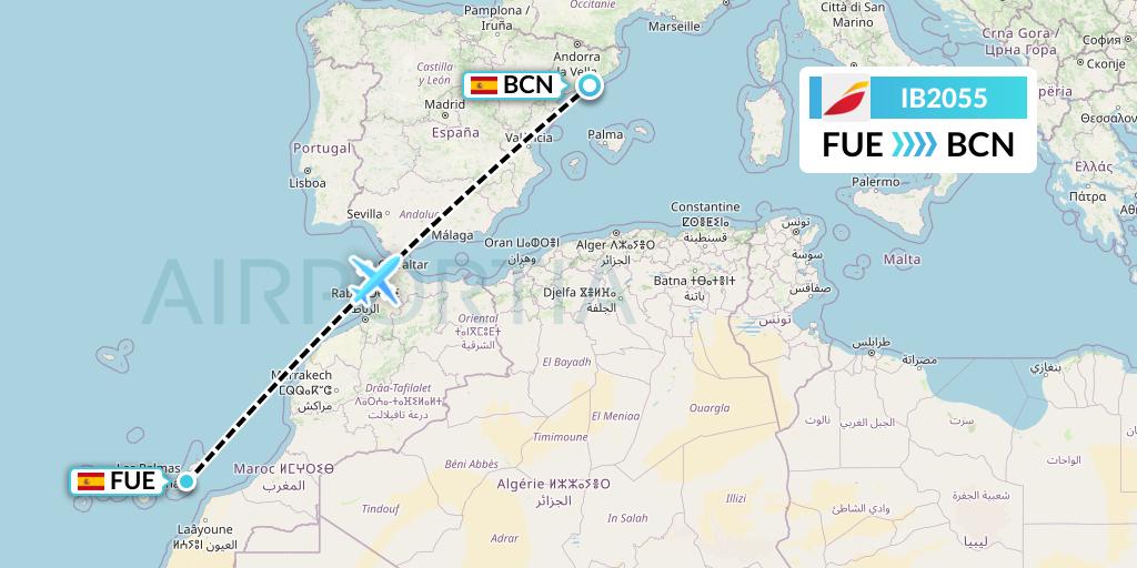 IB2055 Iberia Flight Map: Fuerteventura to Barcelona
