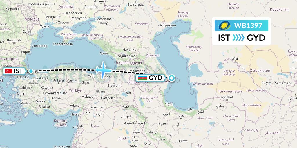 WB1397 RwandAir Flight Map: Istanbul to Baku