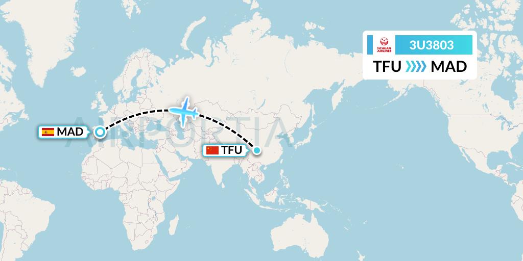 3U3803 Sichuan Airlines Flight Map: Chengdu to Madrid