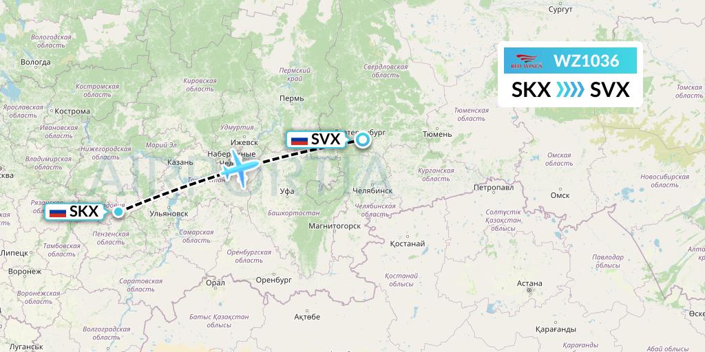 WZ1036 Red Wings Flight Map: Saransk to Yekaterinburg